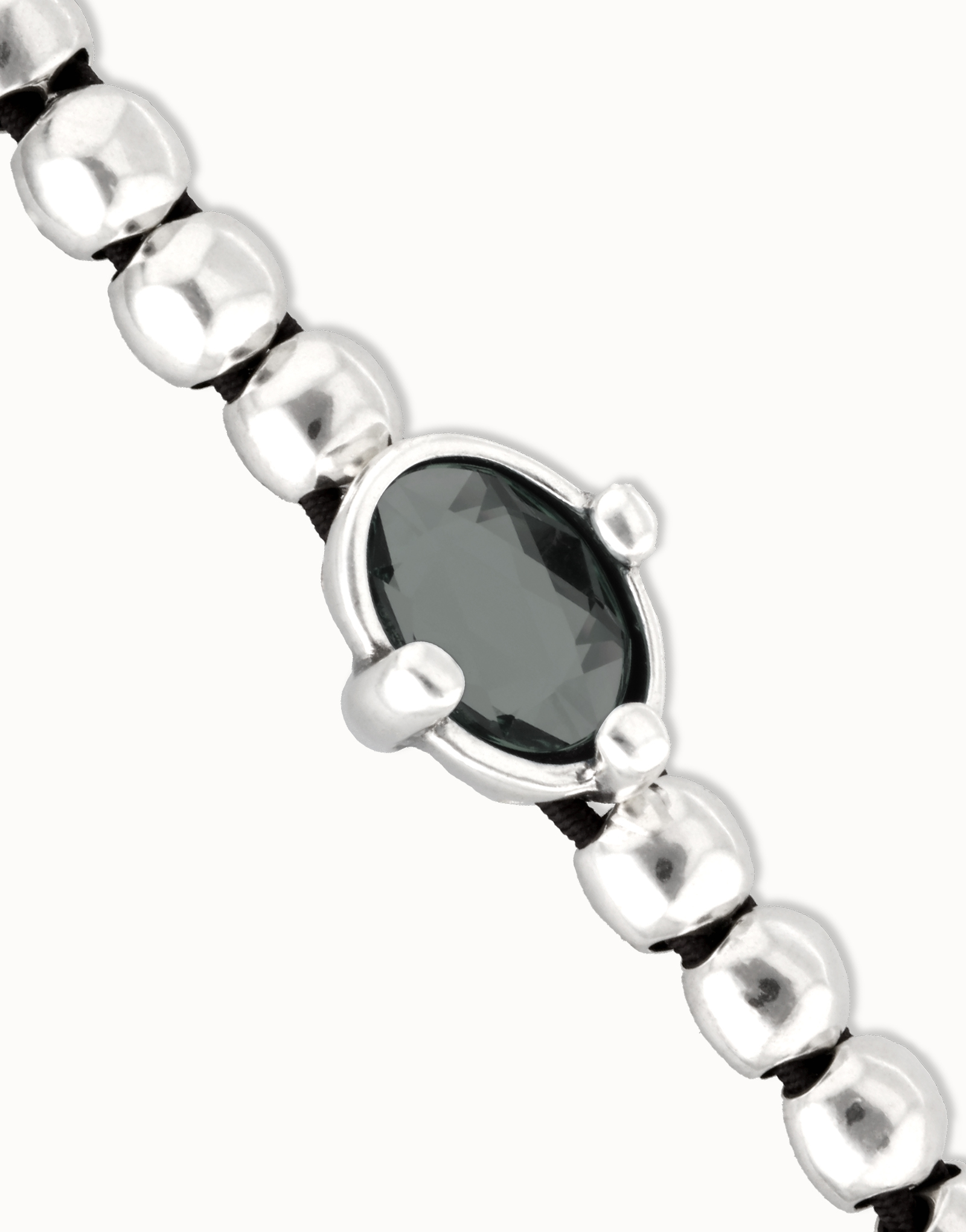 Pulsera de bolas bañada en plata con cristal facetado ovalado negro, Plateado, large thumbnail